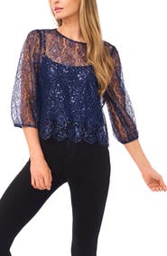 CeCe Metallic Floral Lace Top