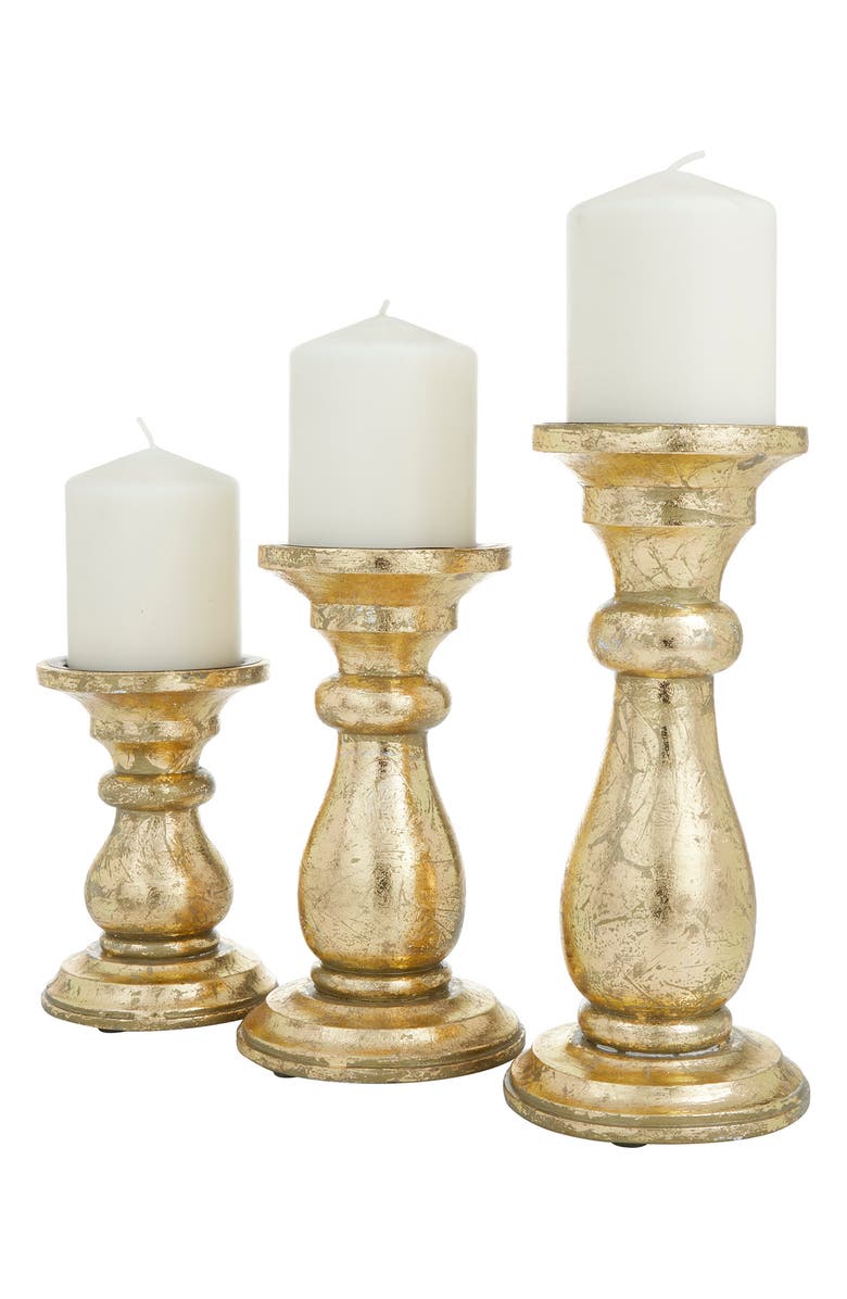 VIVIAN LUNE HOME Goldtone Mango Wood Turned Style Pillar Candle Holder - Set of 3, Alternate, color, Gold