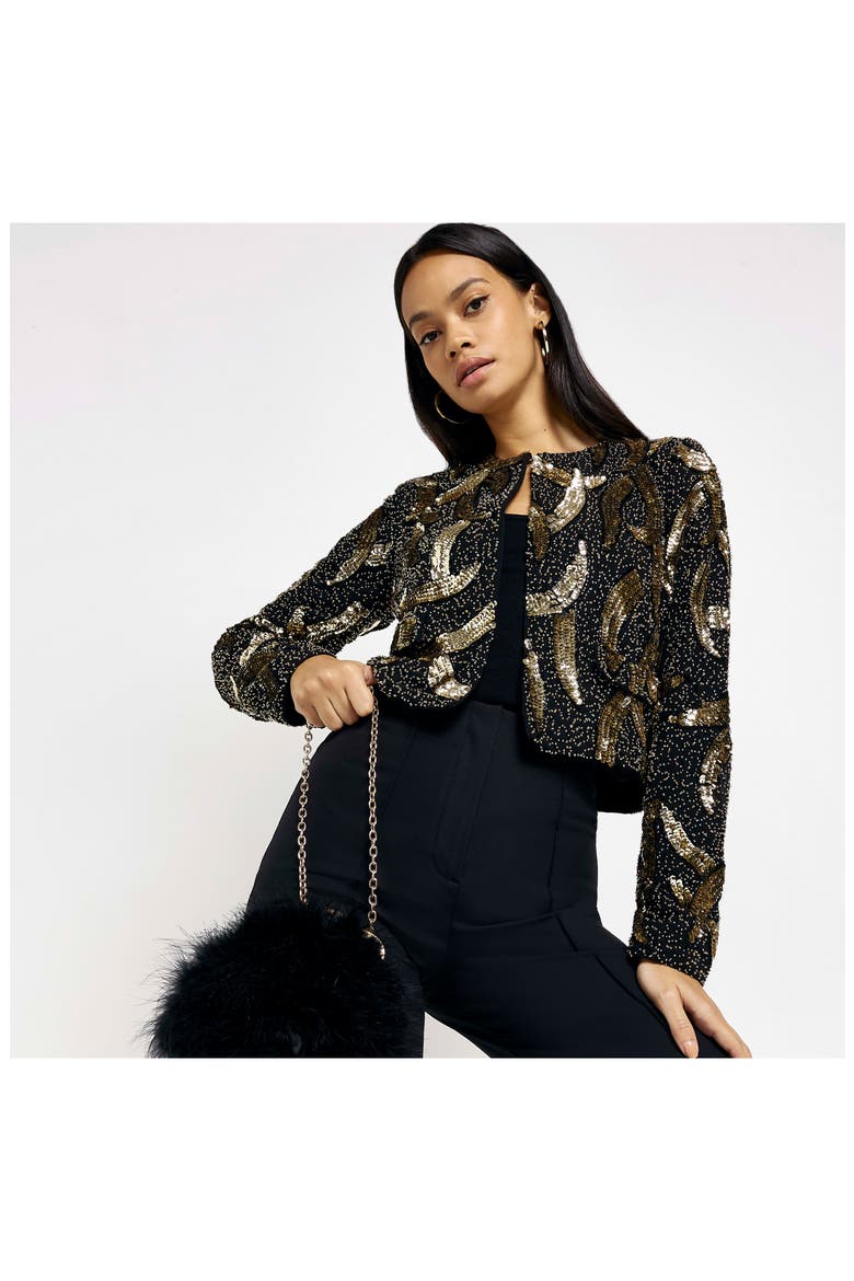 Sequin Crop Trophy Jacket, Alternate, color, BLACK