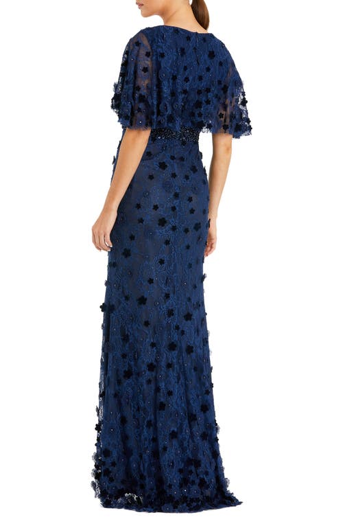 Mac Duggal Embellished Floral Short Sleeve Gown In Midnight