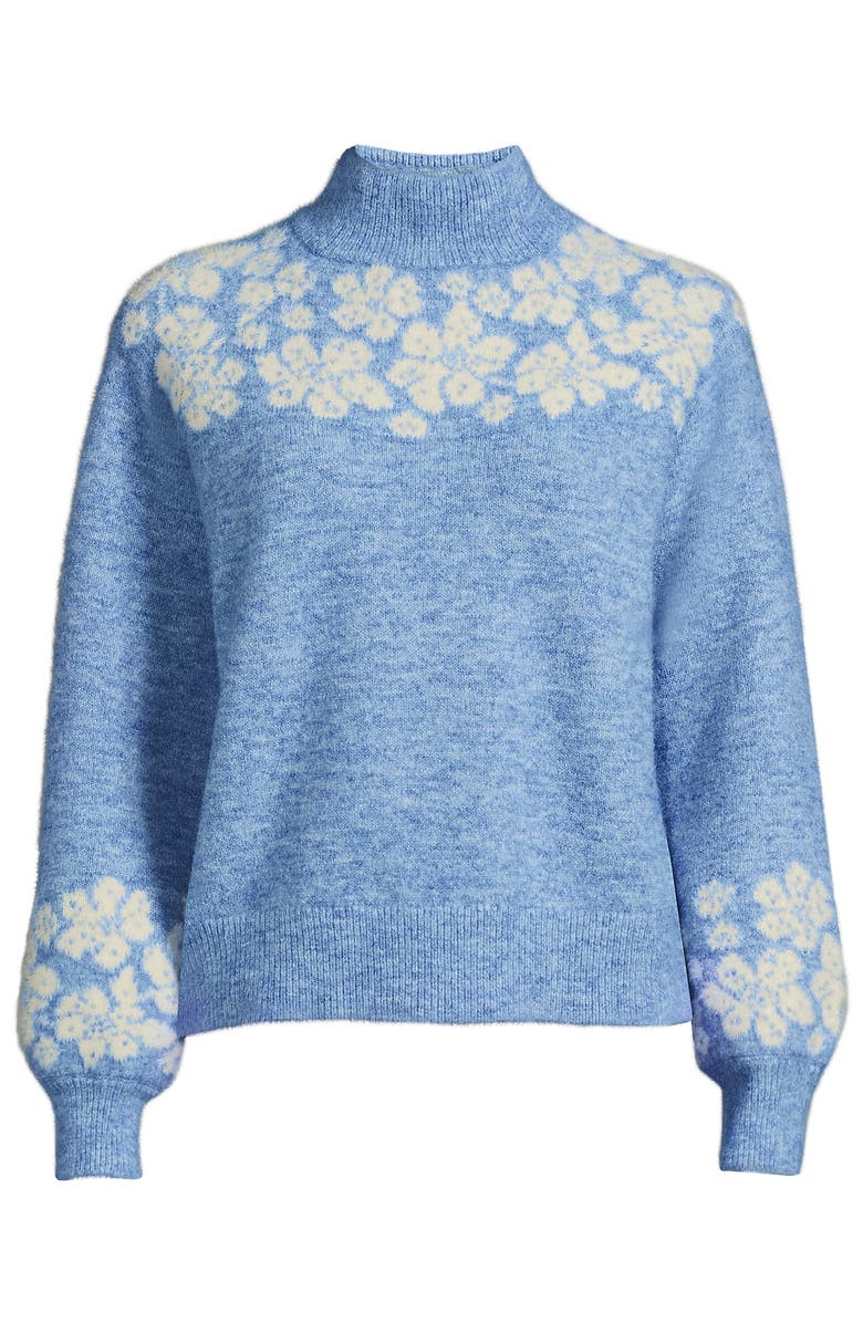 Lands' End Fuzzy Turtleneck Lantern Sleeve Jacquard Sweater, Alternate, color, Clear Blue Sky Heather