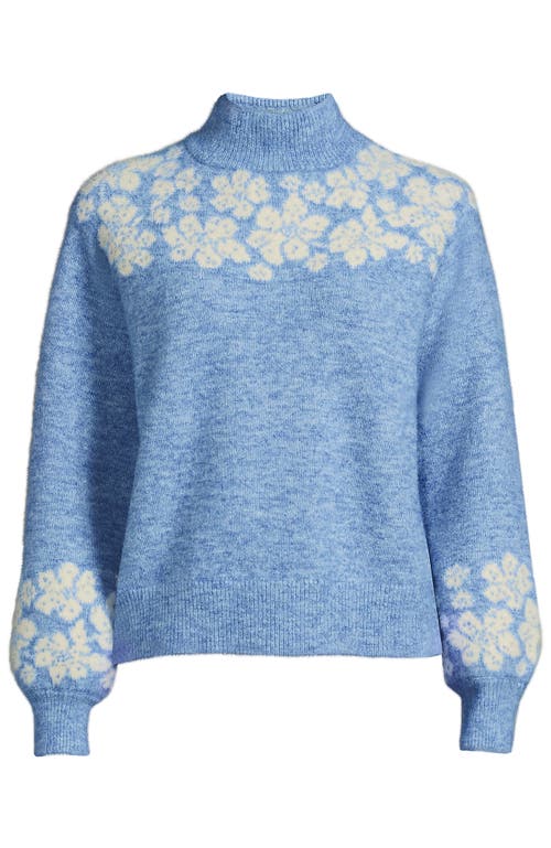 Lands' End Fuzzy Turtleneck Lantern Sleeve Jacquard Sweater In Blue