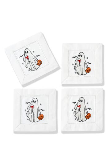 Tiramisu Spirited Sips Embroidered Linen Cocktail Napkins In White