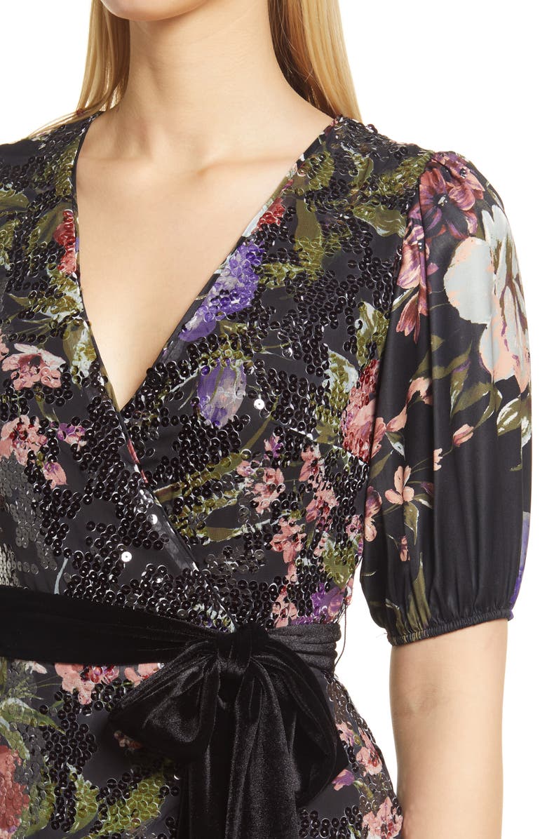 BTFL-life Floral Print Short Sleeve Sequin Dress, Alternate, color, Black Multi