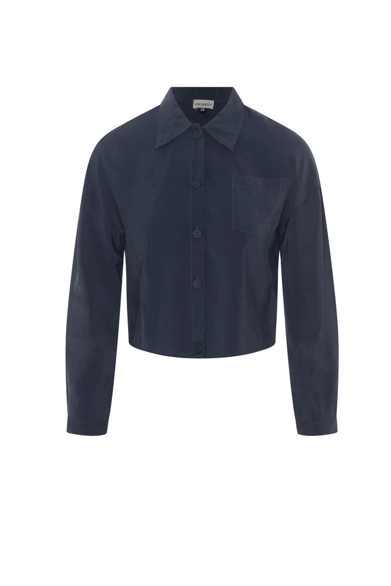 Copper Tencel Cropped Blouse - Collared, Button Front, Main, color, Midnight Blue