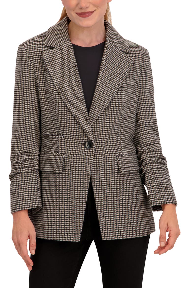 Houndstooth Ruched Sleeve Blazer, Alternate, color, GREY/ BLACK