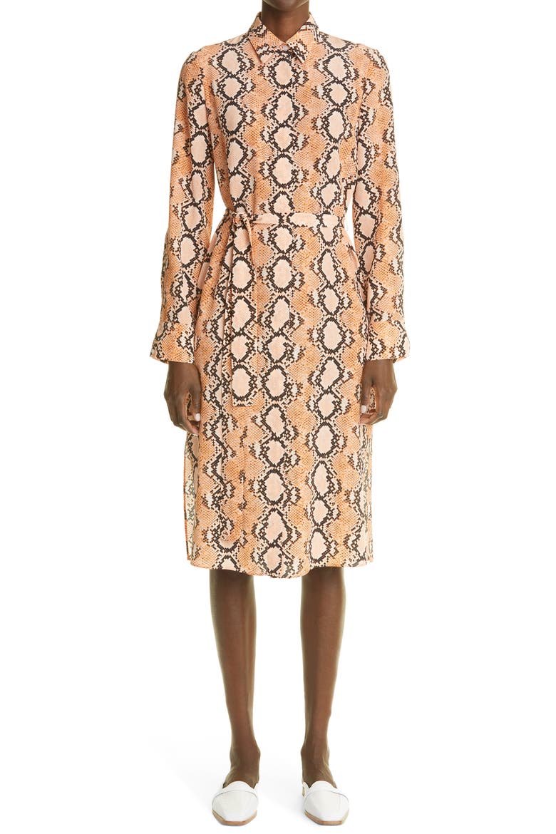 Snakeskin Print Long Sleeve Silk Crêpe de Chine Shirtdress, Main, color, PEHM