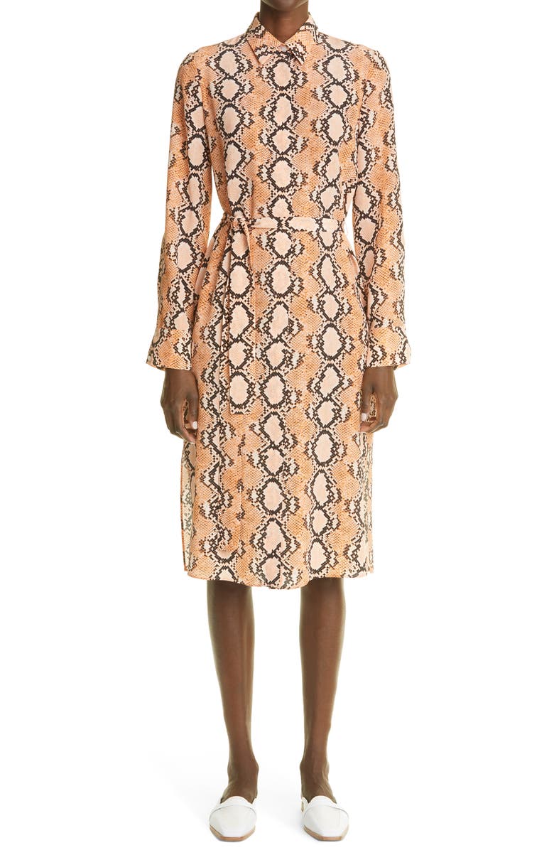 St. John Collection Snakeskin Print Long Sleeve Silk Crêpe de Chine Shirtdress, Main, color, 