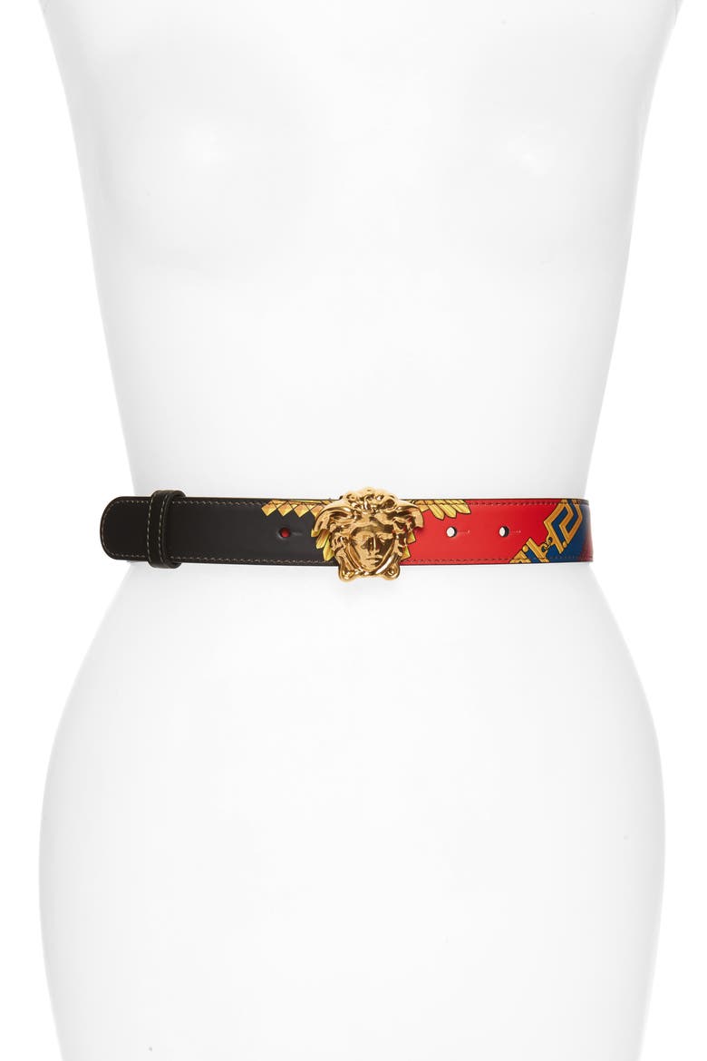 Medusa Head Buckle Print Leather Belt, Main, color, BLACK/ SILVER