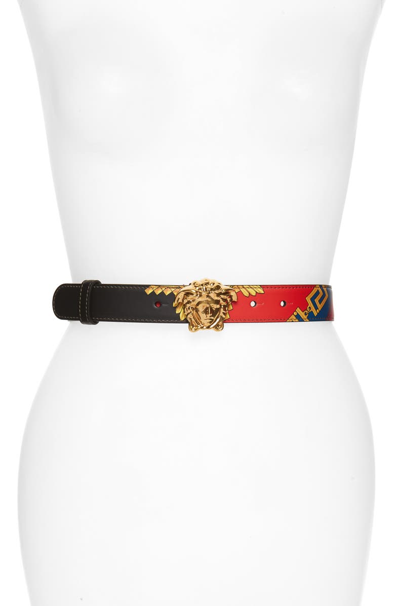 Versace Medusa Head Buckle Print Leather Belt, Main, color, 