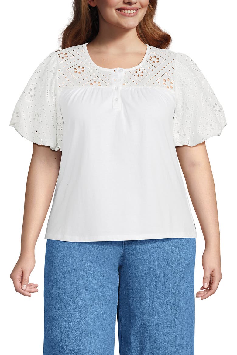 Eyelet Crew Puff Sleeve Top, Main, color, White