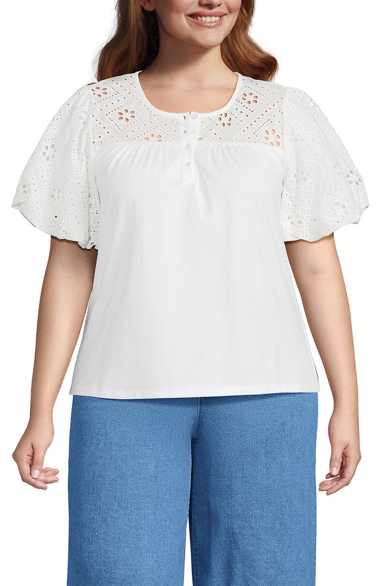 Lands' End Eyelet Crew Puff Sleeve Top, Main, color, 