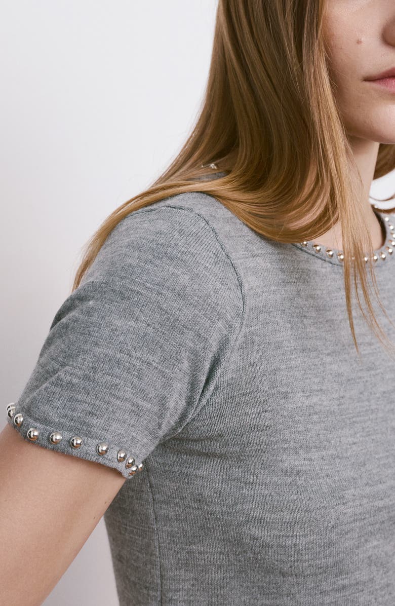 MANGO Studded Short Sleeve Sweater, Alternate, color, Medium Heather Grey