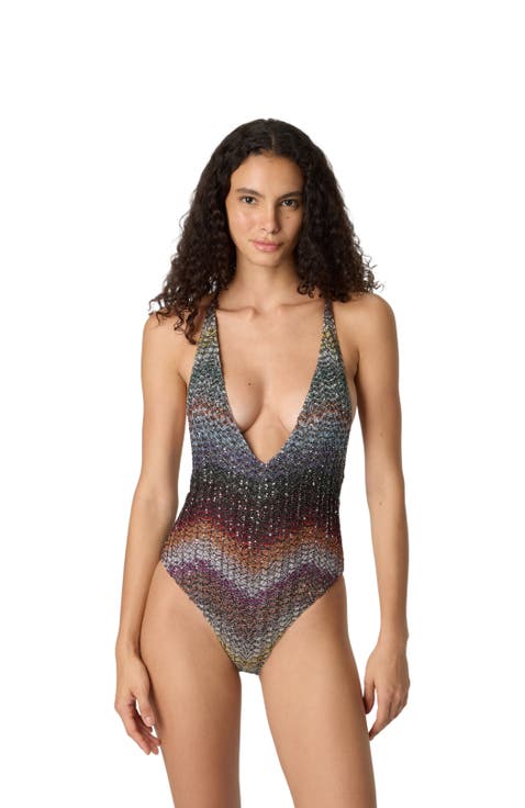One-piece V-neck Swimsuit In A Greek-style Zigzag Knit With Sequins