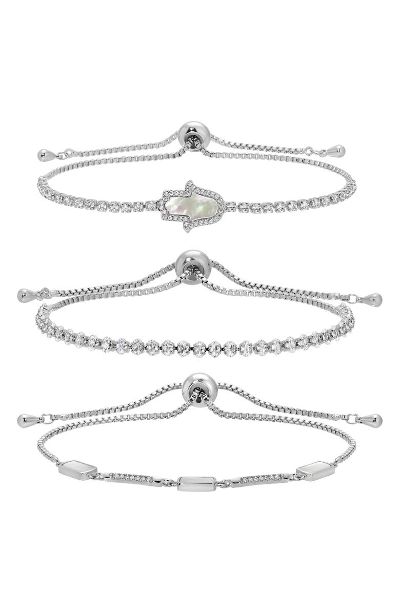 EYE CANDY LOS ANGELES Set of 3 Maryam Cubic Zirconia Bolo Bracelets, Main, color, Silver