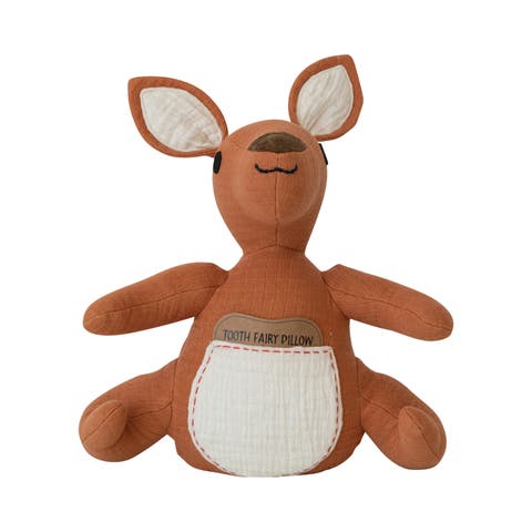 Cotton Double Cloth Kangaroo Tooth Fairy Pillow with Hand-Embroidery, Brown and Natural