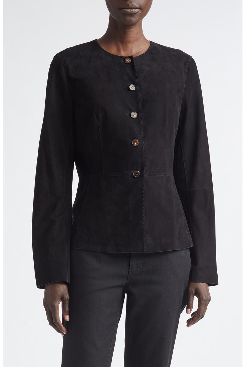 Fitted Collarless Suede Jacket, Main, color, BLACK