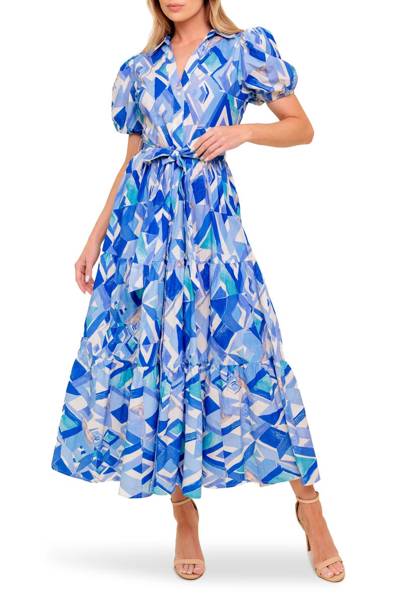 FLYING TOMATO Puff Sleeve Print Shirtdress, Main, color, Ivory Blue