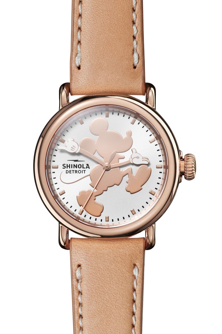 x Disney Runwell Mickey Classic Leather Strap Watch, 36mm, Main, color, BIEGE/ WHITE/ ROSE GOLD