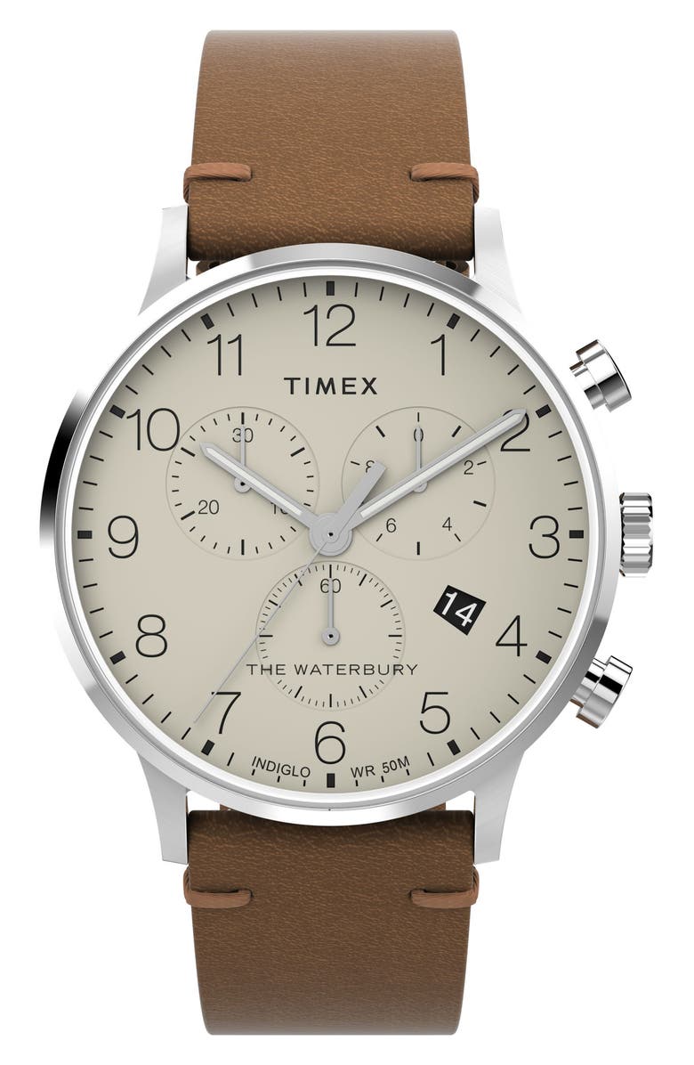 Timex<sup>®</sup> Waterbury Classic Chronograph Leather Strap Watch, 40mm, Main, color, 