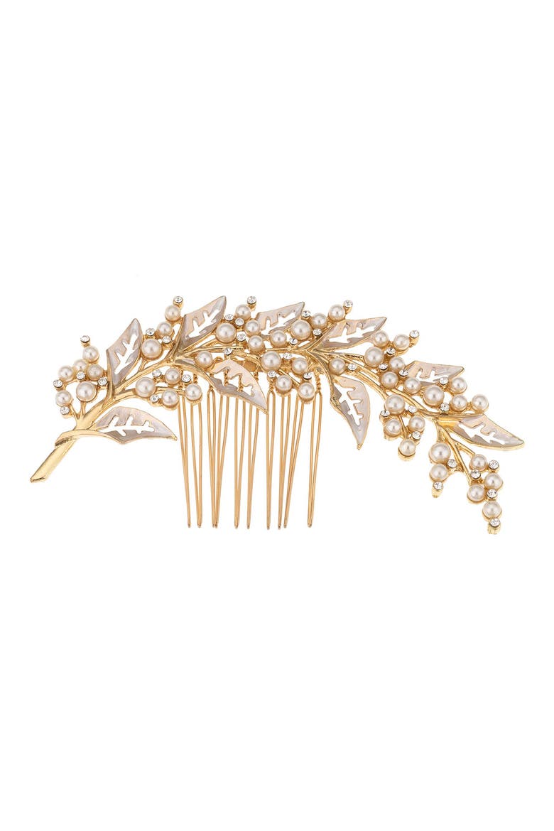 Ethereal Leaf Rhinestone & Imitation Pearl Hair Comb, Main, color, GOLD