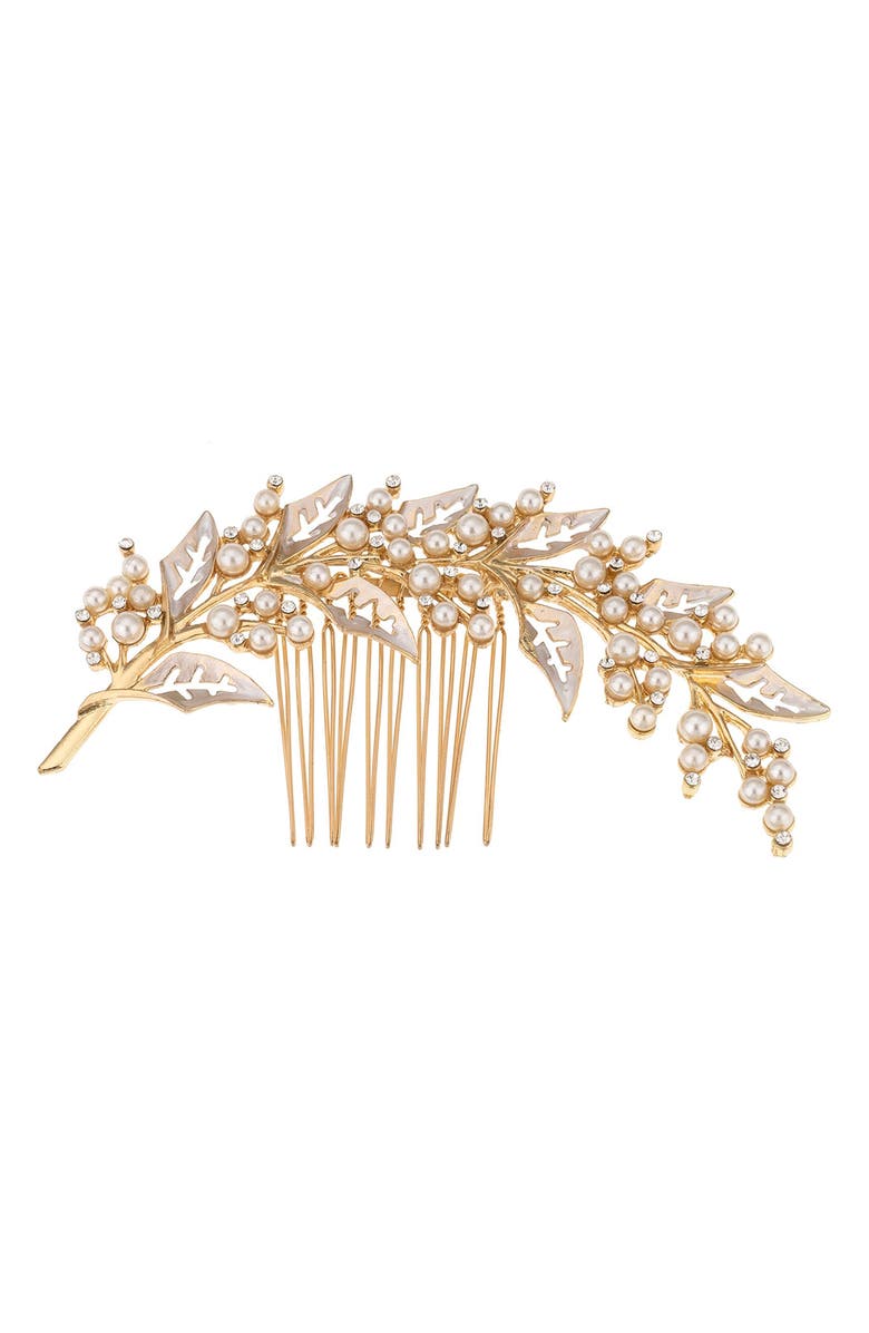 Ettika Ethereal Leaf Rhinestone & Imitation Pearl Hair Comb, Main, color,