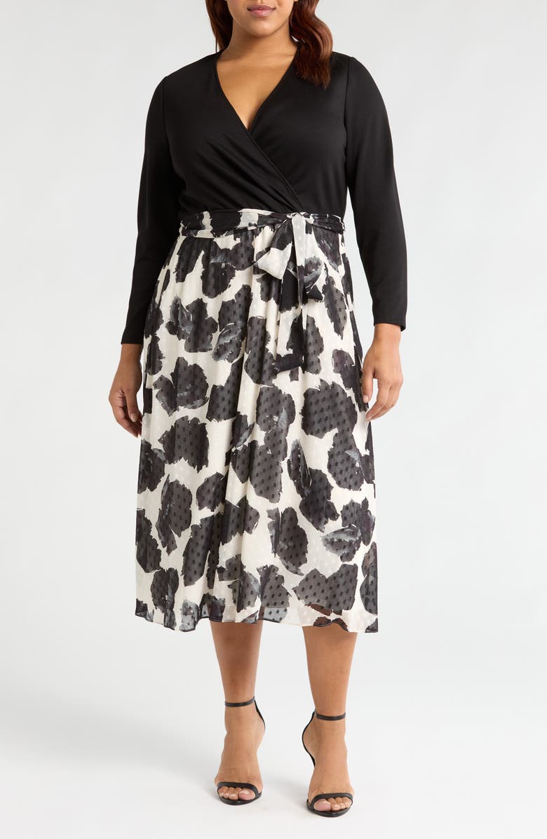 Anne Klein Serenity Mixed Media Long Sleeve Midi Dress, Main, color, 