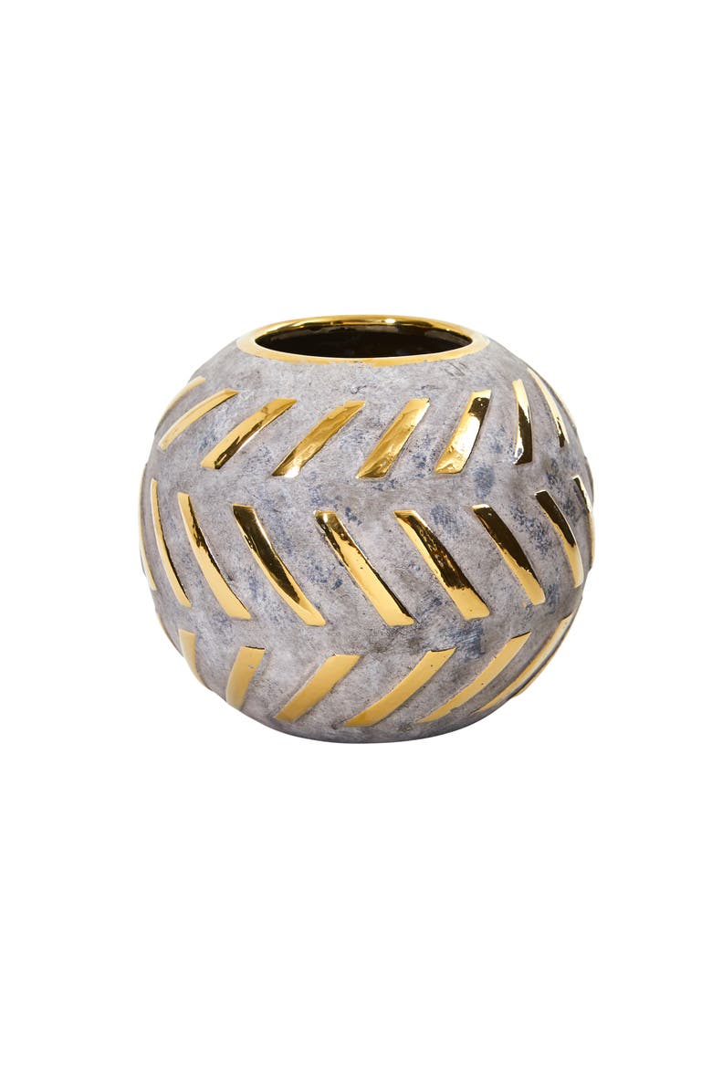 6-in Regal Round Stone Vase with Gold Accents, Main, color, Gray