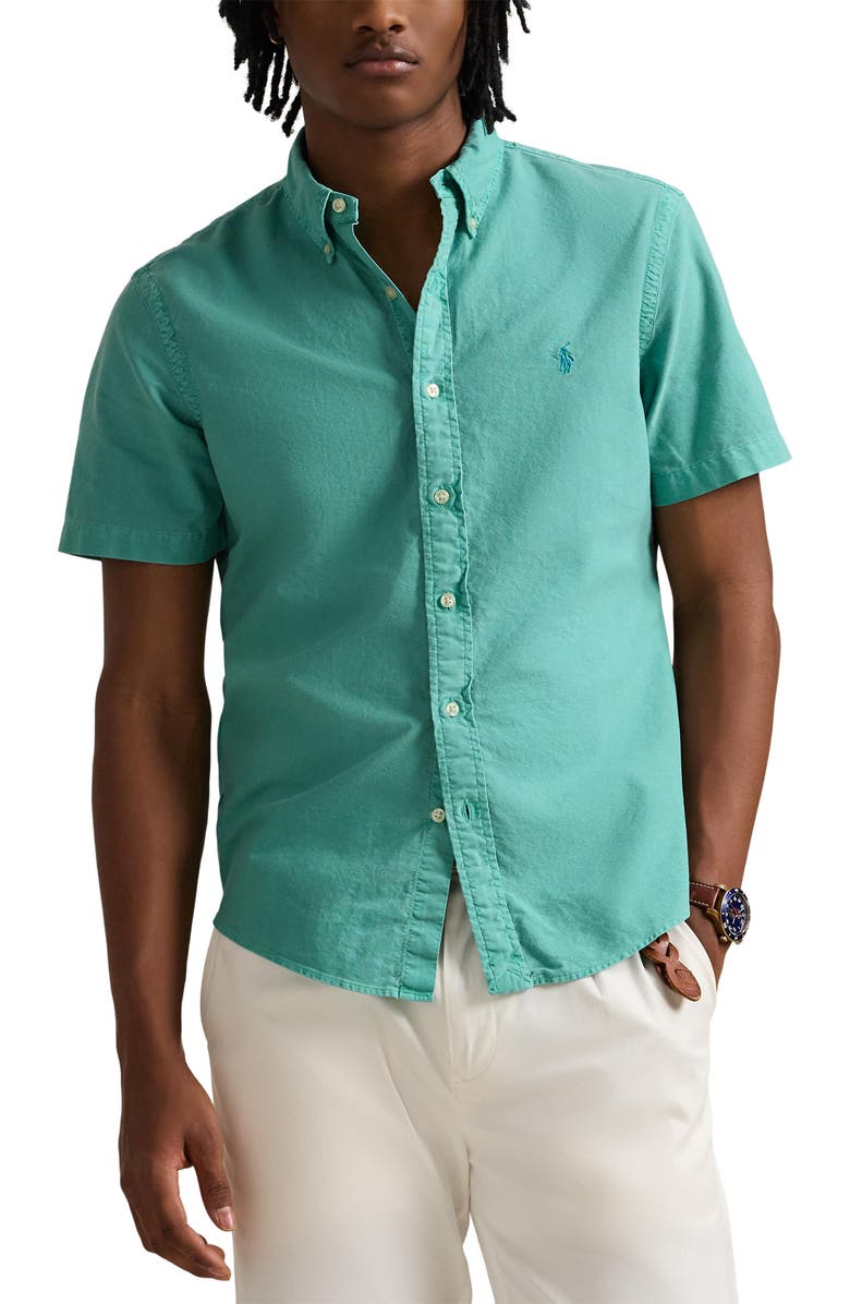 Polo Ralph Lauren Classic Fit Solid Green Short Sleeve Button-Down Oxford Shirt, Main, color, 