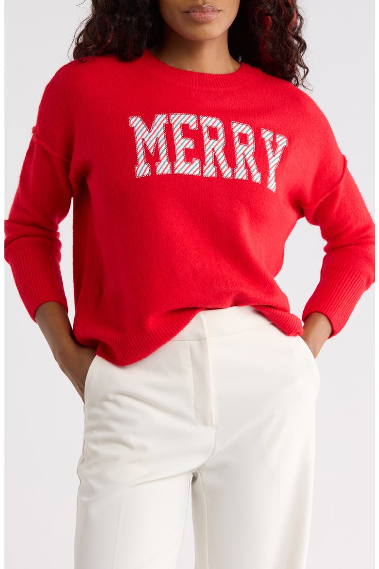 Stripe Merry Long Sleeve Sweater, Main, color, BRIGHT CHERRY