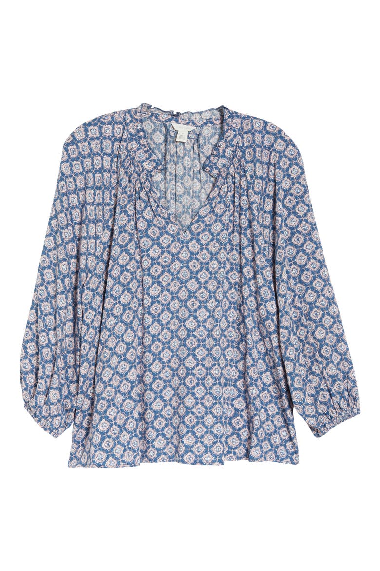 Floral Print Split Neck Shirt, Alternate, color, BLUE ENSIGN- PINK LUNA GEO