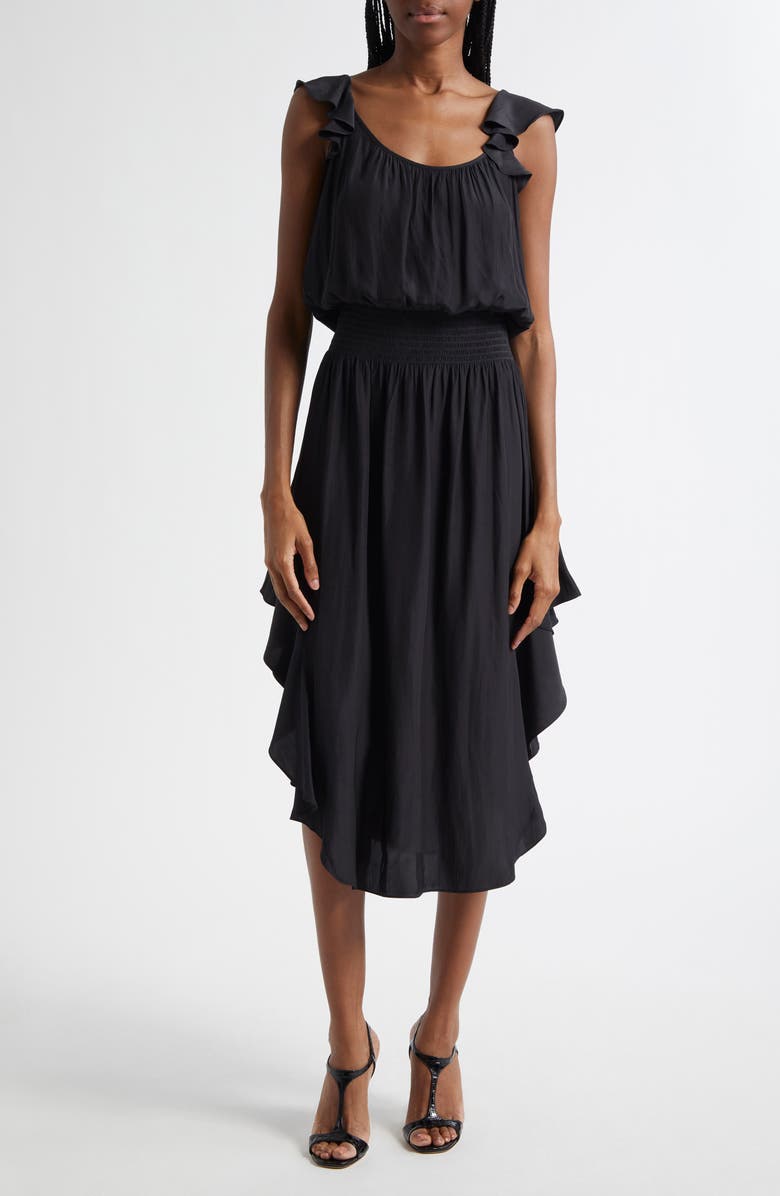 Ramy Brook Clementine Smock Waist Matte Satin Dress, Main, color, Black