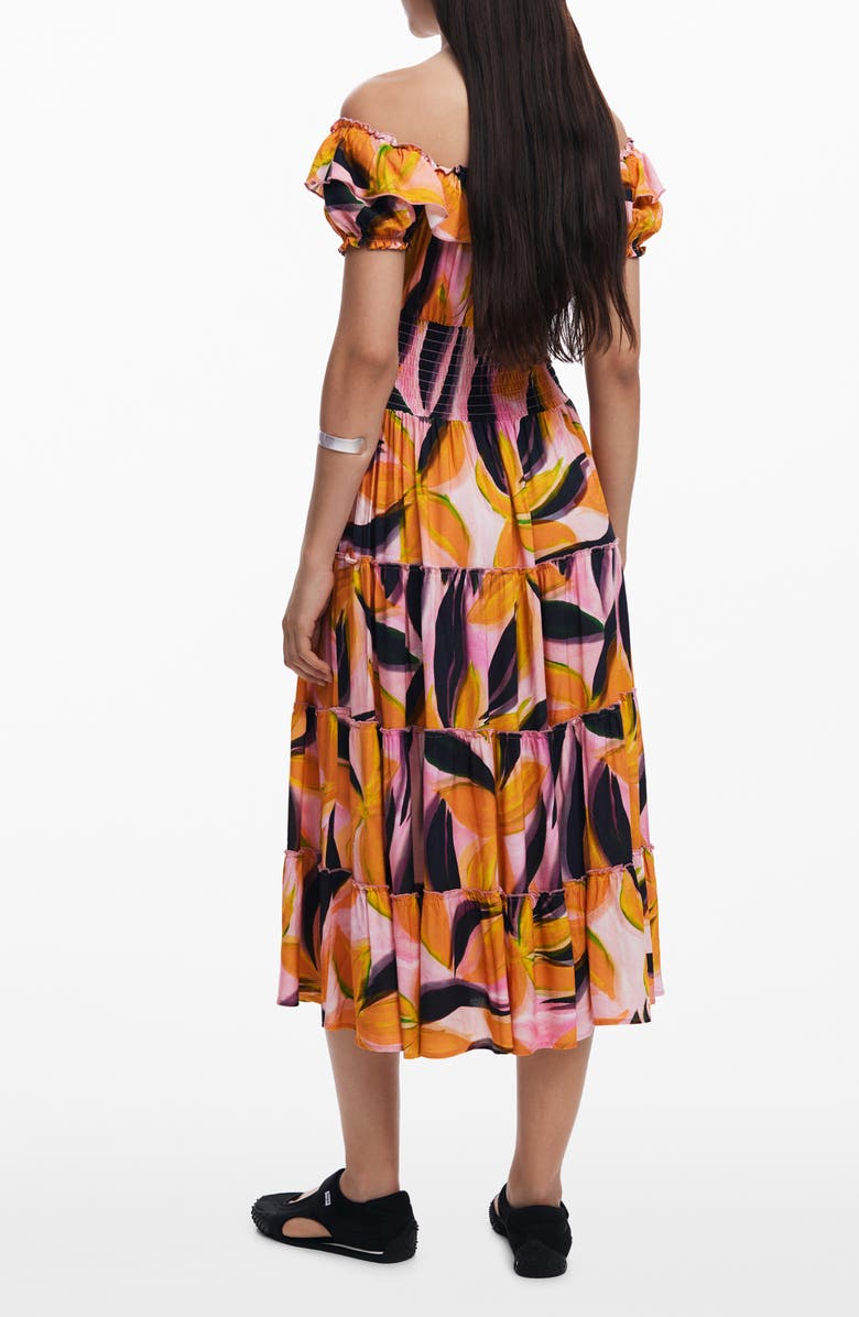 Desigual Abstract Print Off the Shoulder Tiered Midi Dress, Alternate, color, Pink Multi