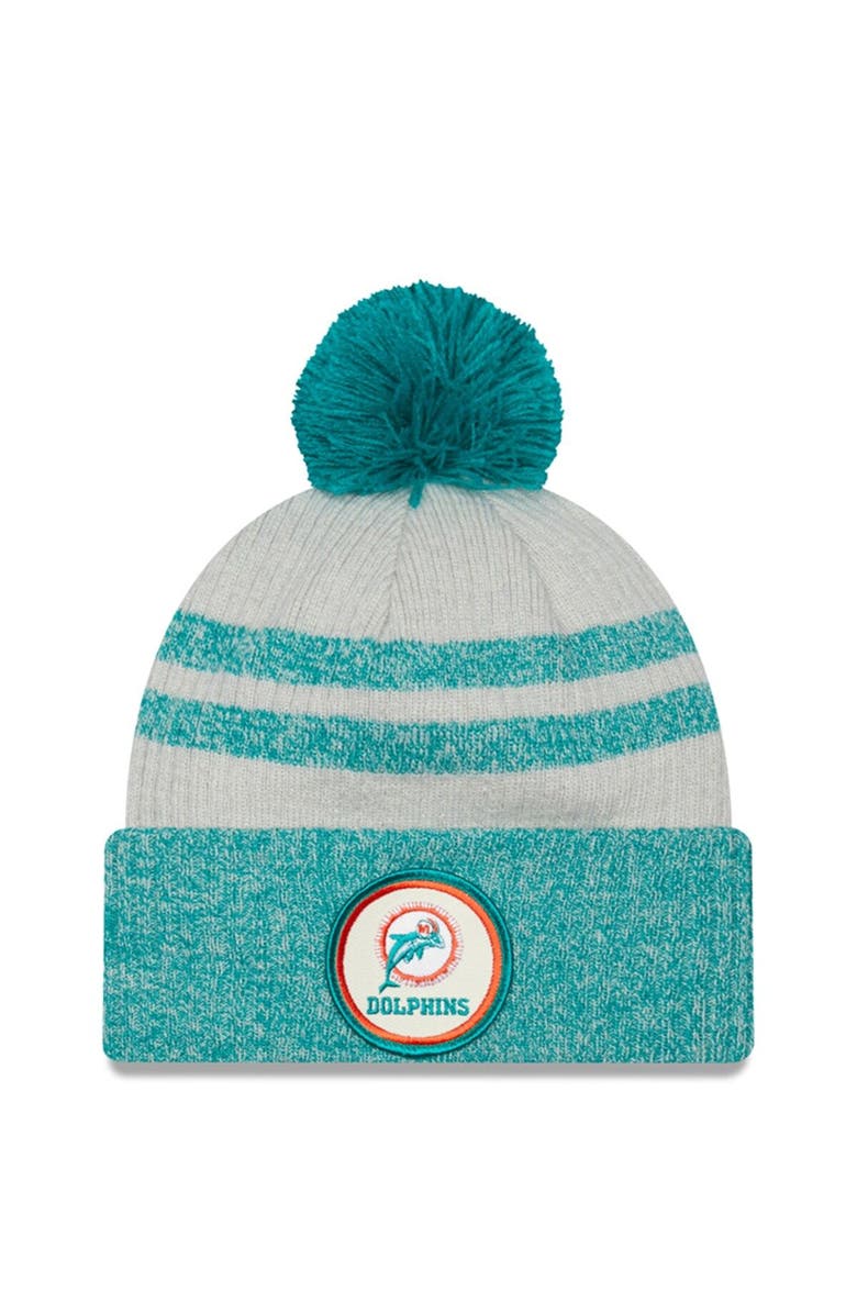 New Era Men's New Era Aqua Miami Dolphins 2022 Sideline Historic Cuffed Pom Knit Hat, Main, color,