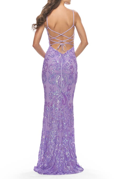 La Femme Print Sequin Gown With Square Neckline In Lavender