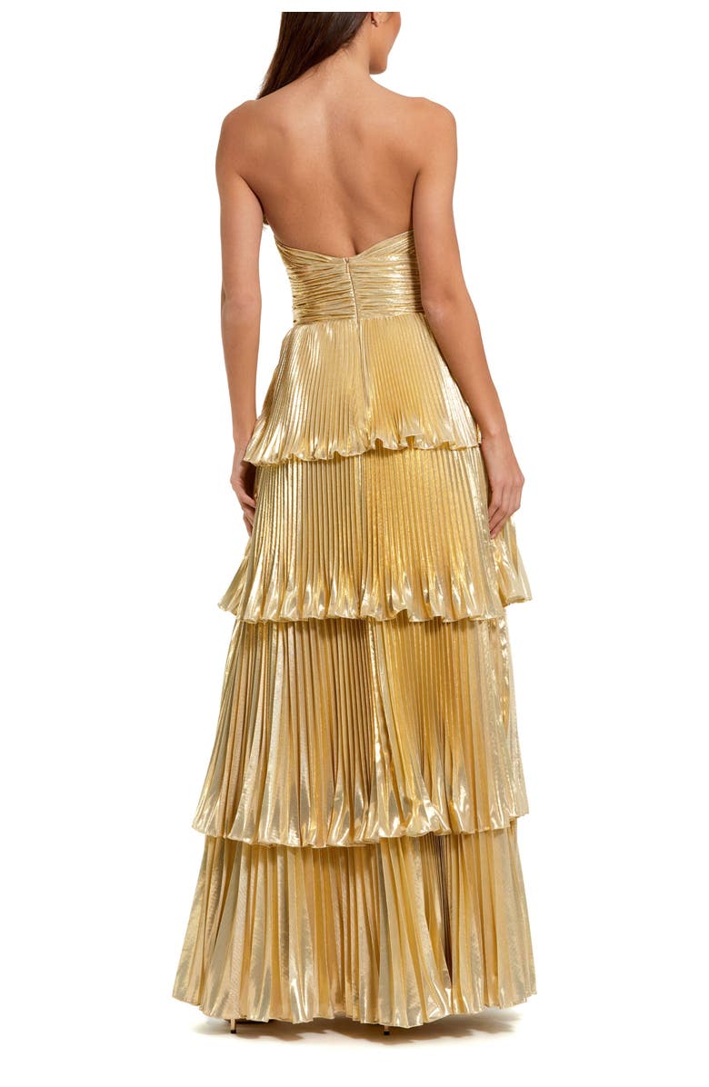 Mac Duggal Strapless Pleated Metallic Layered High Low Gown, Alternate, color, Gold