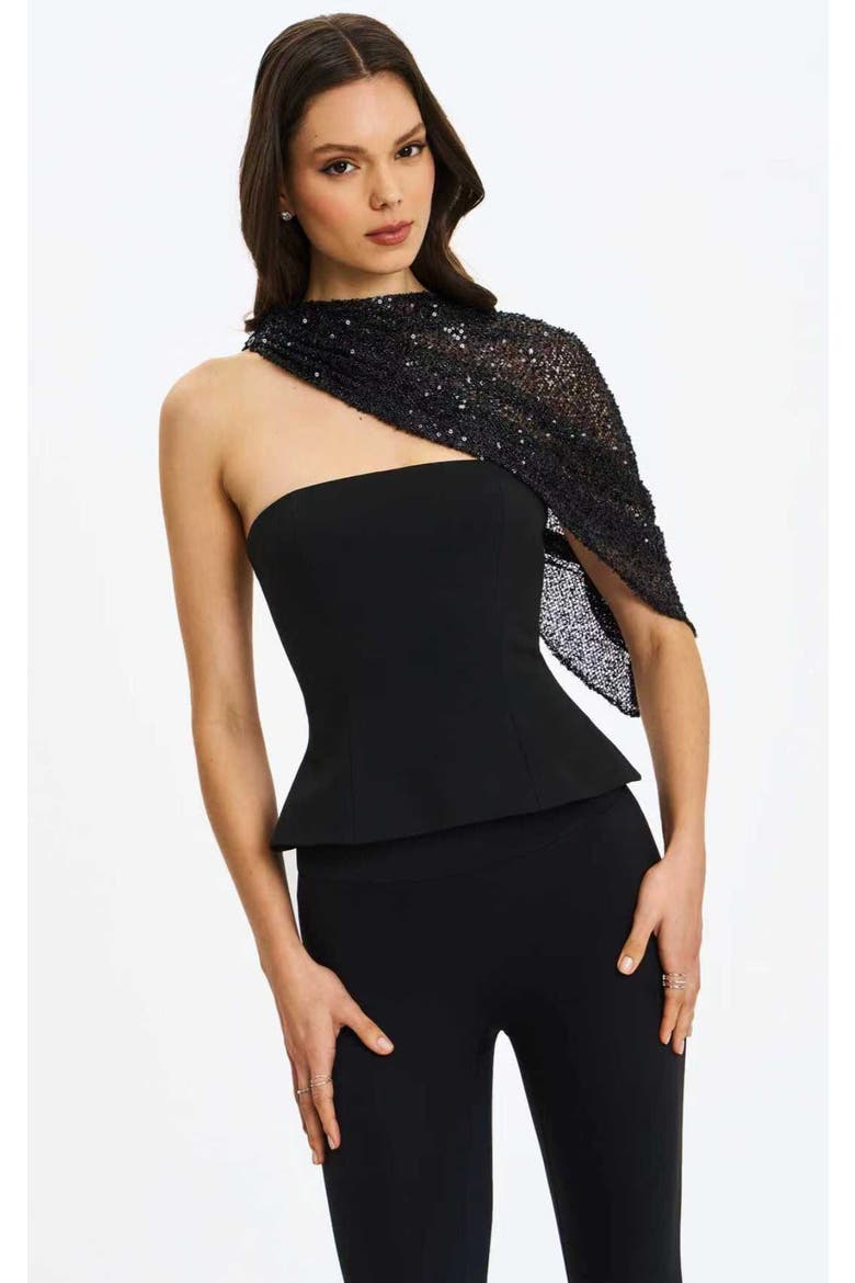 Quinette Peplum Top with Beaded Asymmetrical Cape, Alternate, color, Black