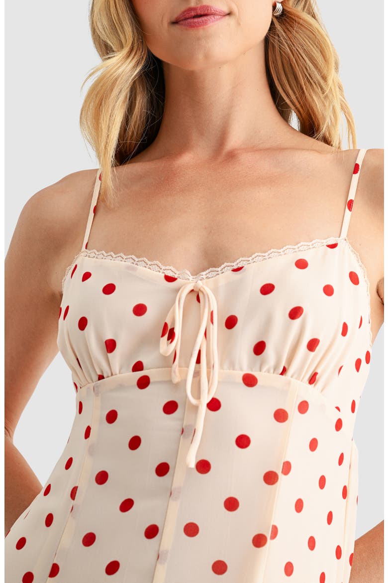 Ruffle Handkerchief Hem Midi Dress, Alternate, color, CREAM BURGUNDY DOT