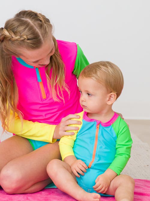 Ruggedbutts Boys Long Sleeve One Piece Rash Guard In Neon Color Block