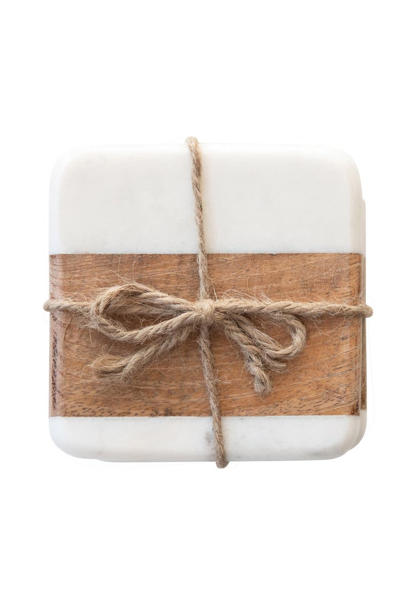 Storied Home Marble & Acacia Wood Coasters, White & Natural, Set of 4, Main, color, White