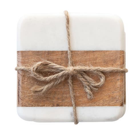 Marble & Acacia Wood Coasters, White & Natural, Set of 4