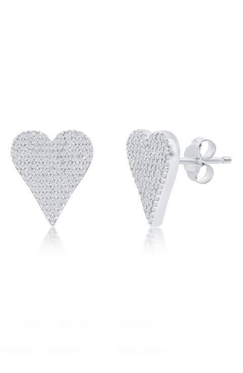 Sterling Silver Pavé Diamond Heart Stud Earrings - 0.14ct.