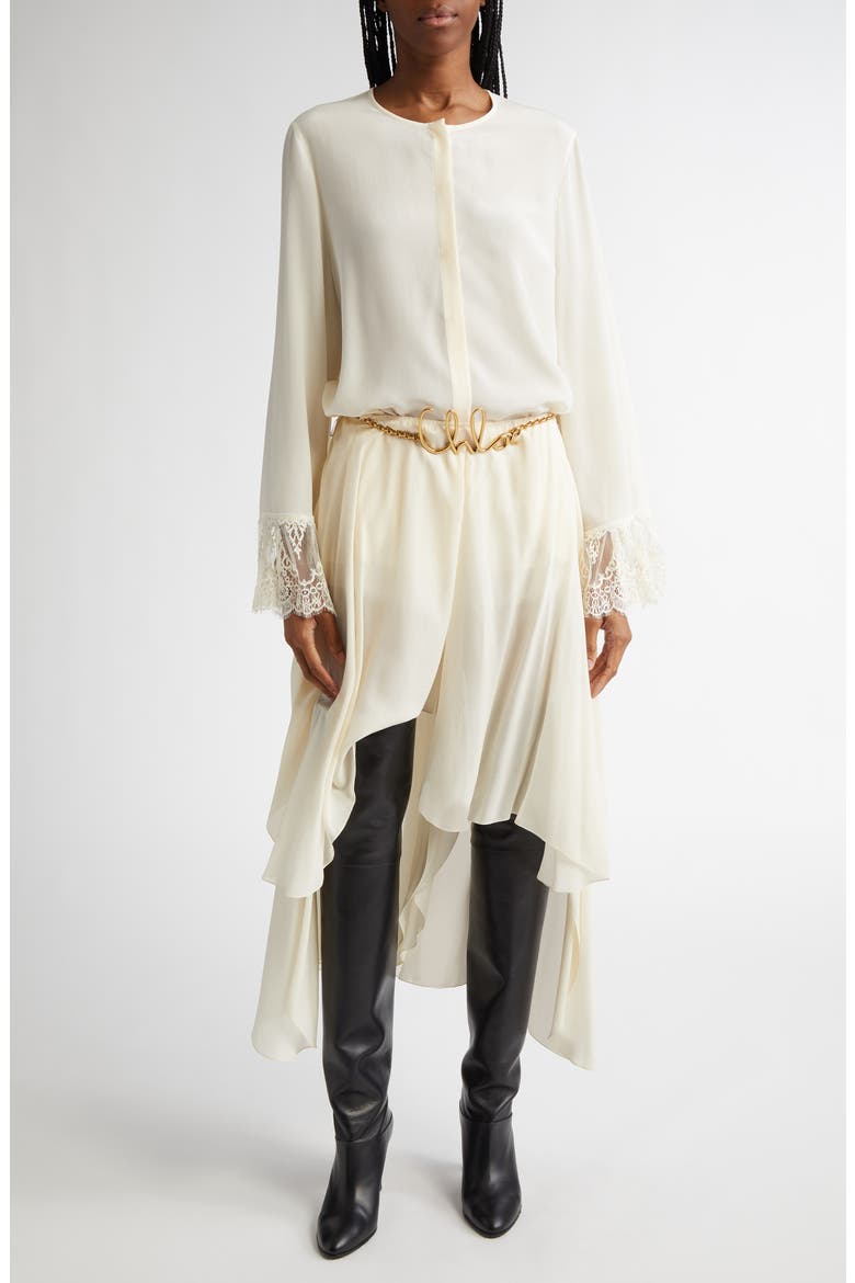 Lace Cuff Silk Crêpe de Chine Shirt, Alternate, color, COCONUT MILK
