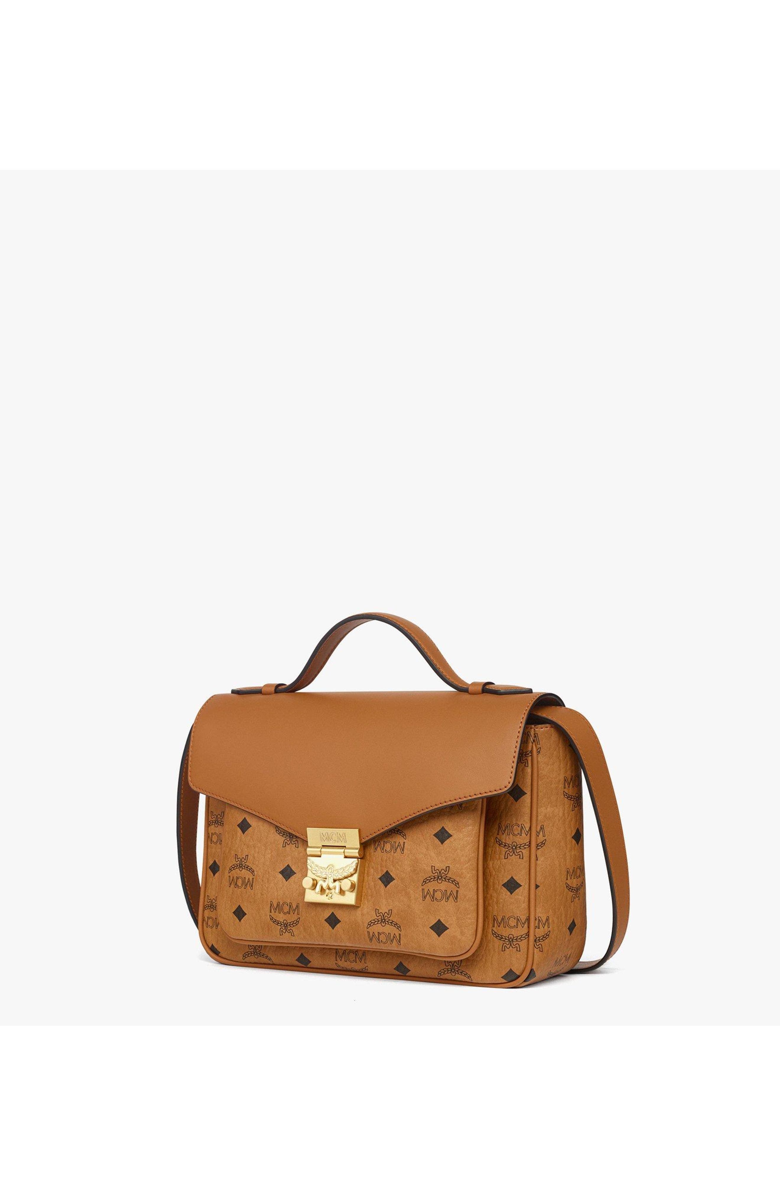 MCM Tracy Satchel in Visetos Leather Mix, Alternate, color, Cognac
