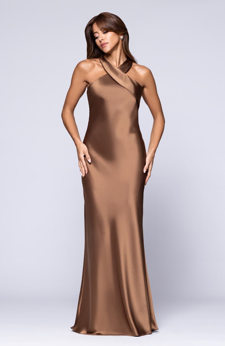 Xscape Evenings Halter Neck Satin Trumpet Gown, Alternate, color, Bronze