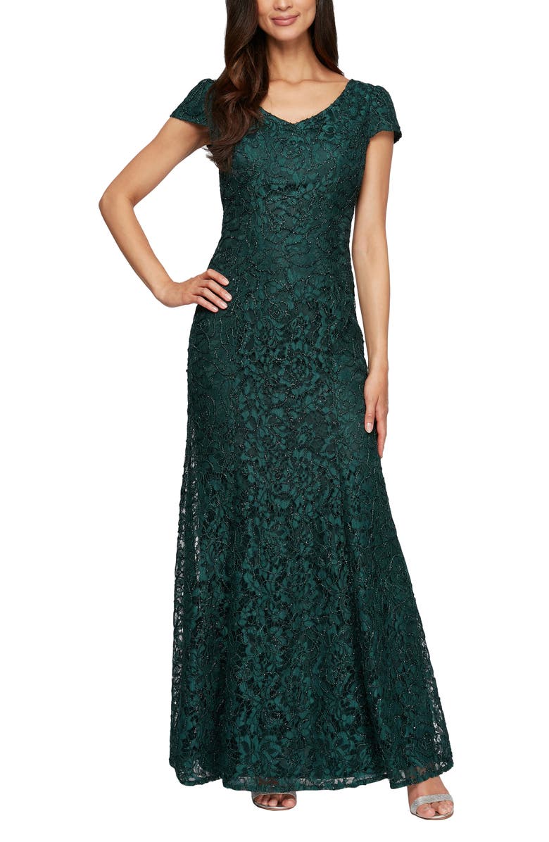 Alex Evenings Lace V-Neck Fit & Flare Gown, Main, color,