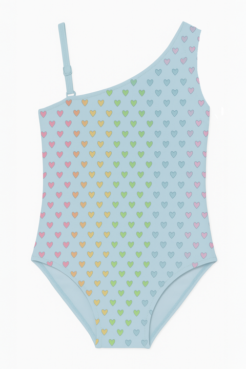One Shoulder One Piece Multicolor Heart Printed Swimsuit
