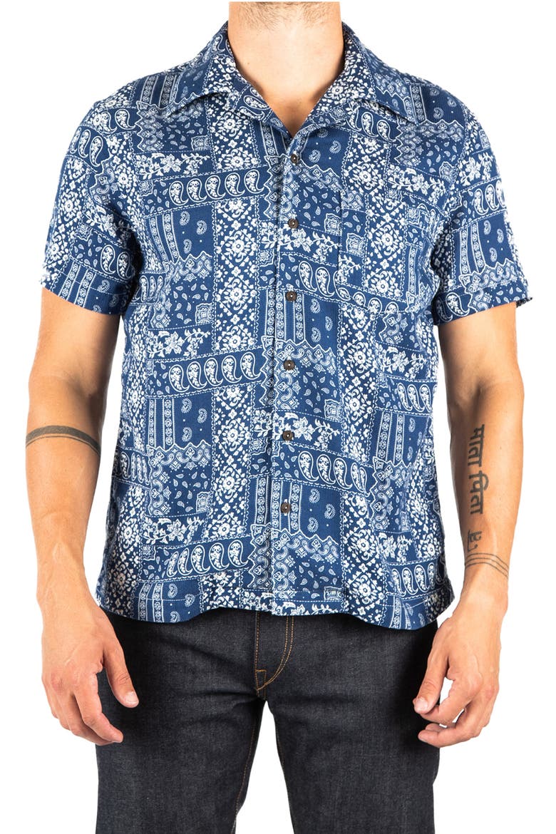 The Wrench Waffle Bandana Print Short Sleeve Button-Up Camp Shirt, Main, color, BLUE BANDANA