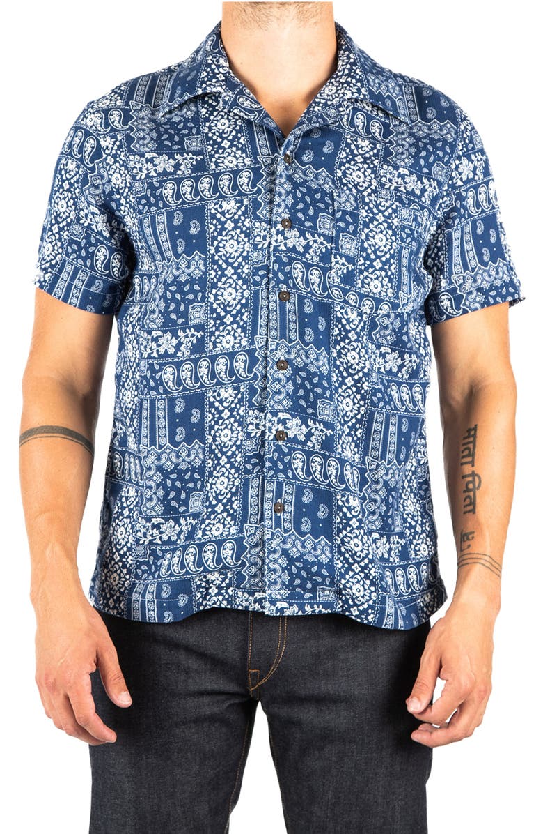HIROSHI KATO The Wrench Waffle Bandana Print Short Sleeve Button-Up Camp Shirt, Main, color, Blue Bandana