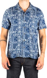 HIROSHI KATO The Wrench Waffle Bandana Print Short Sleeve Button-Up Camp Shirt